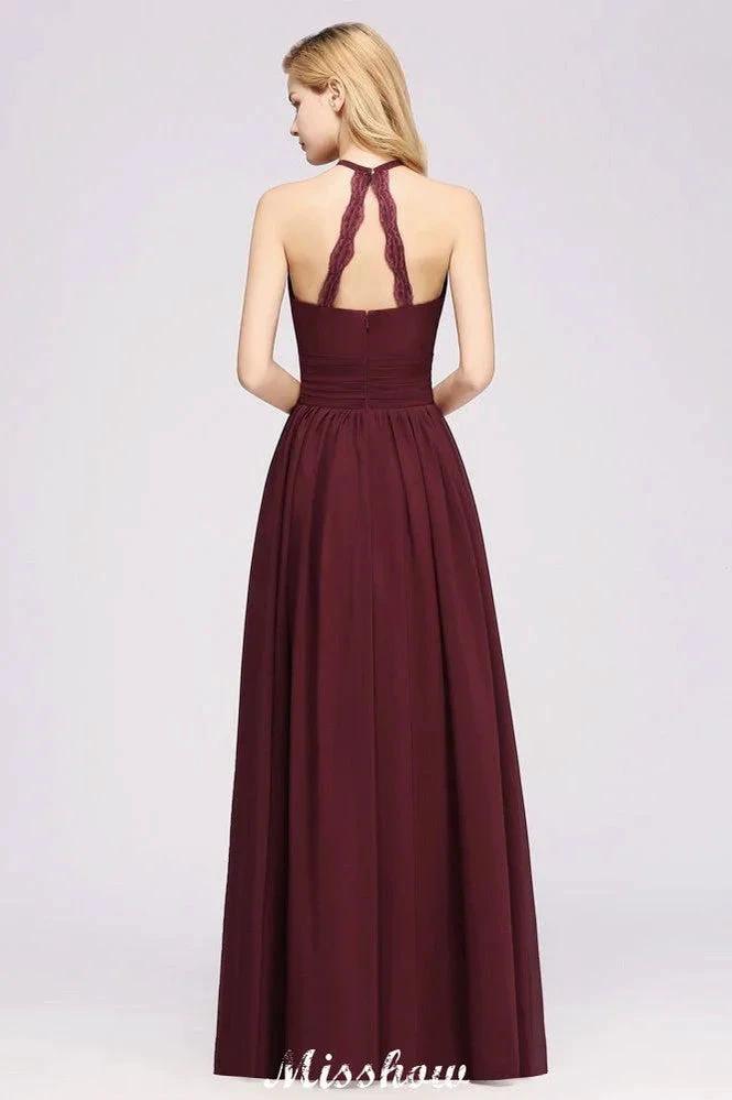 Appliques Halter Sleeveless Floor-Length Bridesmaid Dresses with Ruffles A-line Chiffon Evening Maxi Dress by misshow.com