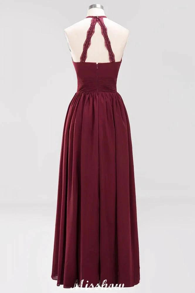 Appliques Halter Sleeveless Floor-Length Bridesmaid Dresses with Ruffles A-line Chiffon Evening Maxi Dress by misshow.com
