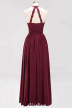 Appliques Halter Sleeveless Floor-Length Bridesmaid Dresses with Ruffles A-line Chiffon Evening Maxi Dress by misshow.com