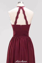 Appliques Halter Sleeveless Floor-Length Bridesmaid Dresses with Ruffles A-line Chiffon Evening Maxi Dress by misshow.com