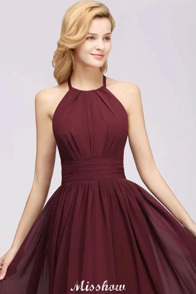 Appliques Halter Sleeveless Floor-Length Bridesmaid Dresses with Ruffles A-line Chiffon Evening Maxi Dress by misshow.com