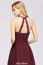 Appliques Halter Sleeveless Floor-Length Bridesmaid Dresses with Ruffles A-line Chiffon Evening Maxi Dress by misshow.com