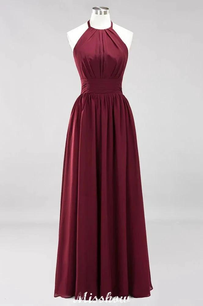 Appliques Halter Sleeveless Floor-Length Bridesmaid Dresses with Ruffles A-line Chiffon Evening Maxi Dress by misshow.com