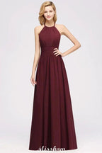 Appliques Halter Sleeveless Floor-Length Bridesmaid Dresses with Ruffles A-line Chiffon Evening Maxi Dress by misshow.com