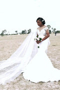 Appliques Sheer Tulle Mermaid Wedding Dress Pleated Bridal Wears by misshow.com