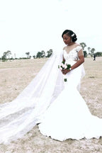 Appliques Sheer Tulle Mermaid Wedding Dress Pleated Bridal Wears by misshow.com