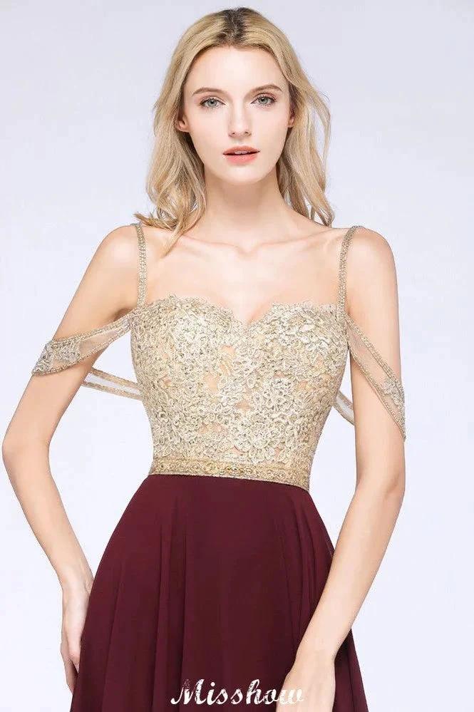 Appliques Spaghetti Straps Prom Dresses | A-Line Sleeveless Evening Dresses by misshow.com