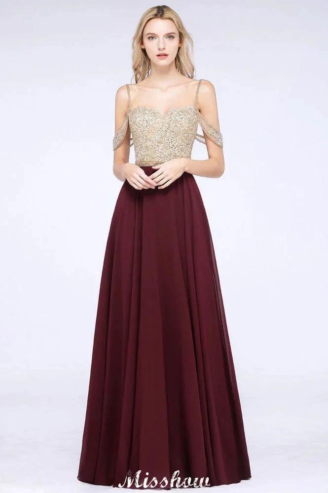 Appliques Spaghetti Straps Prom Dresses | A-Line Sleeveless Evening Dresses by misshow.com