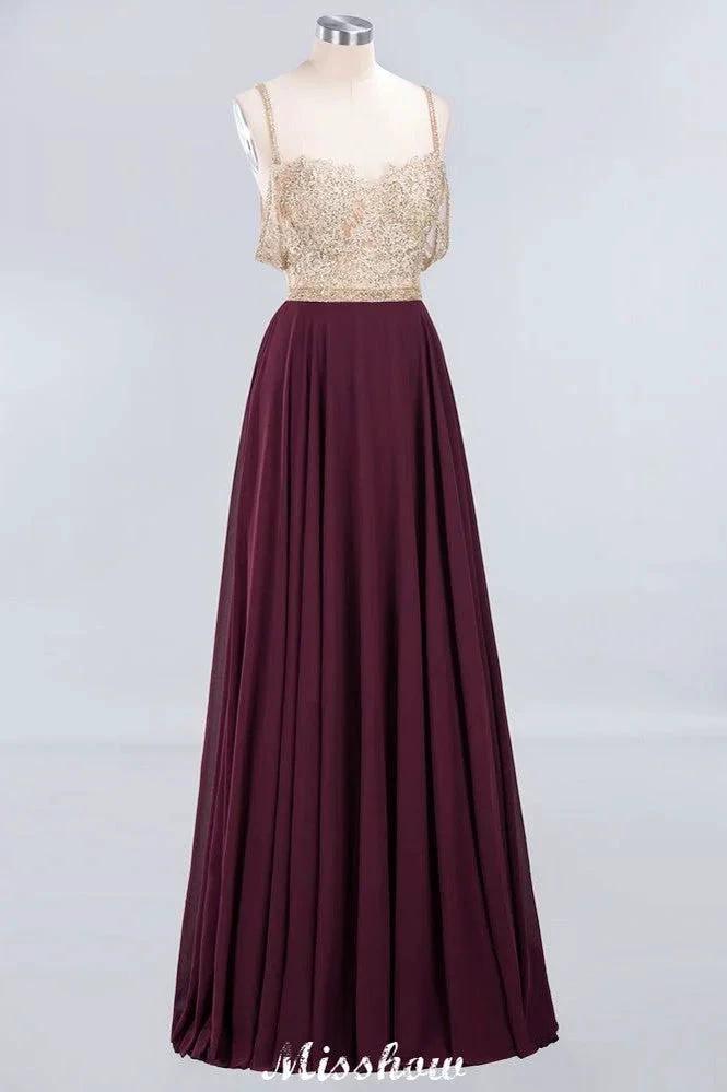 Appliques Spaghetti Straps Prom Dresses | A-Line Sleeveless Evening Dresses by misshow.com