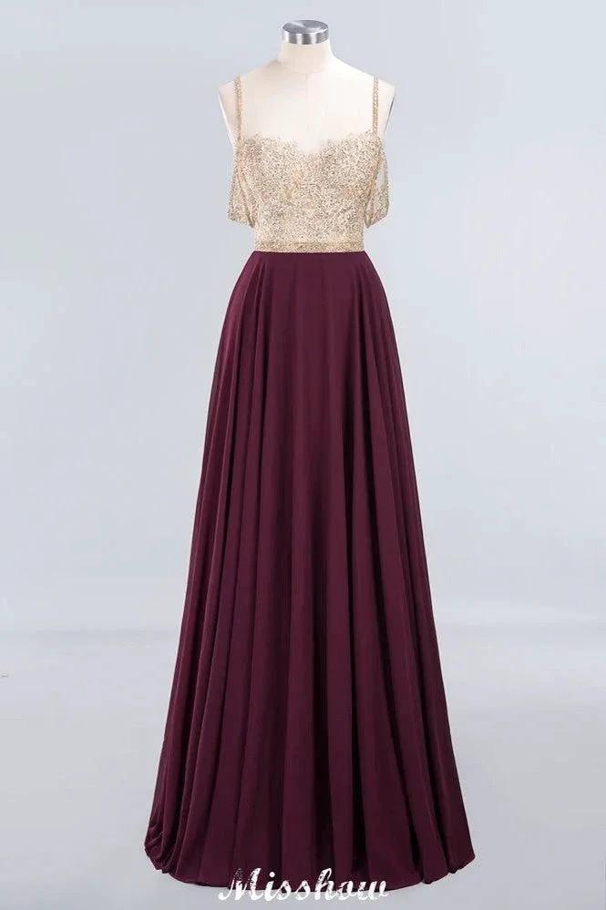 Appliques Spaghetti Straps Prom Dresses | A-Line Sleeveless Evening Dresses by misshow.com