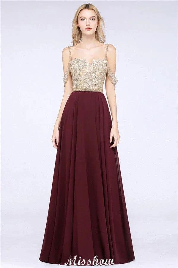 Appliques Spaghetti Straps Prom Dresses | A-Line Sleeveless Evening Dresses by misshow.com