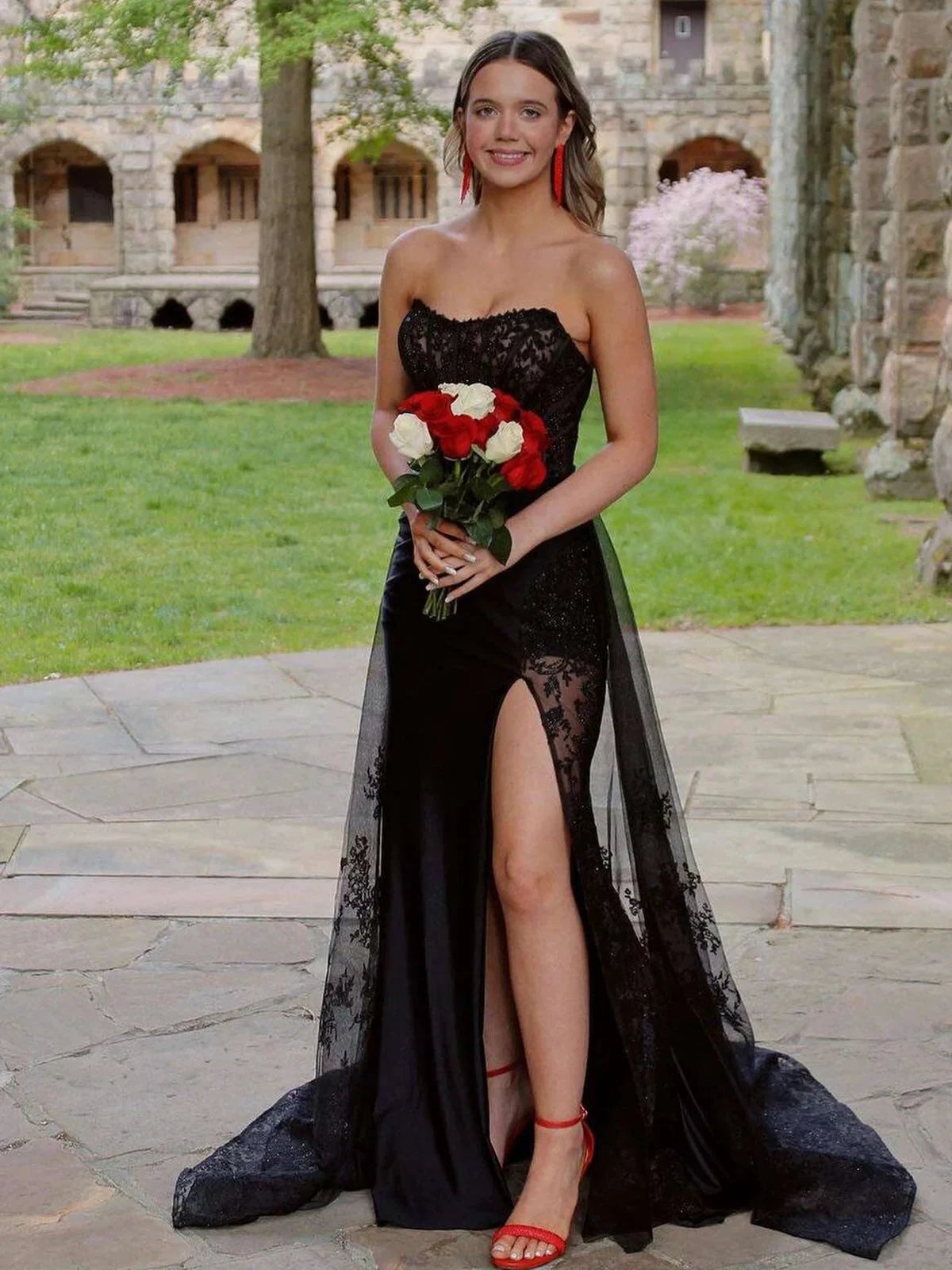 Arabelle | Mermaid Strapless Black Appliques Long Prom Dress with Slit by KissProm