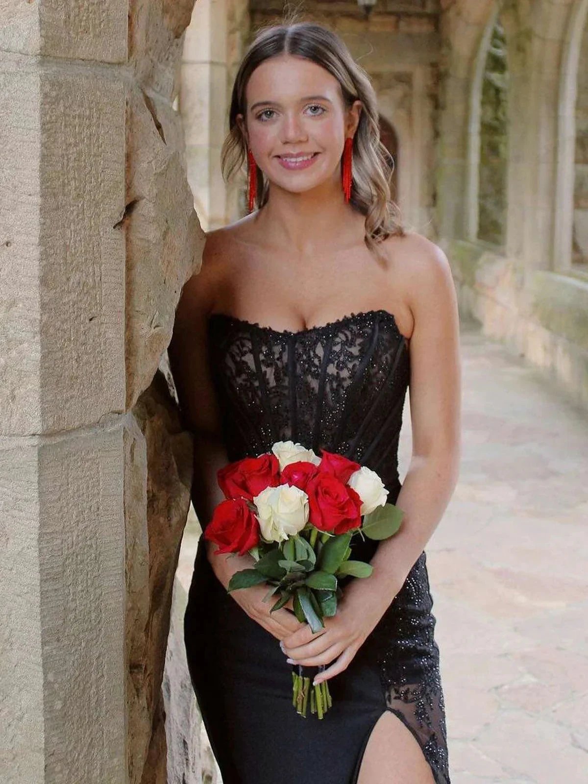 Arabelle | Mermaid Strapless Black Appliques Long Prom Dress with Slit by KissProm