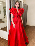 Arden | Red Ruffle V Neck Satin A-Line Long Prom Dresses by KissProm
