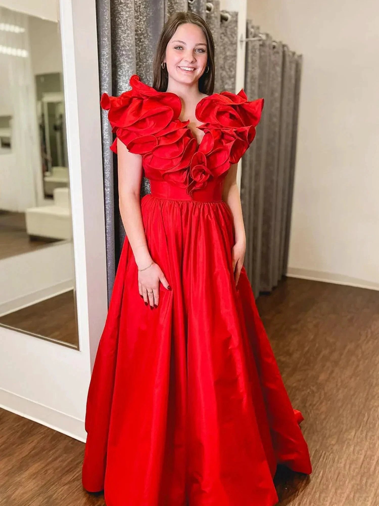 Arden | Red Ruffle V Neck Satin A-Line Long Prom Dresses by KissProm