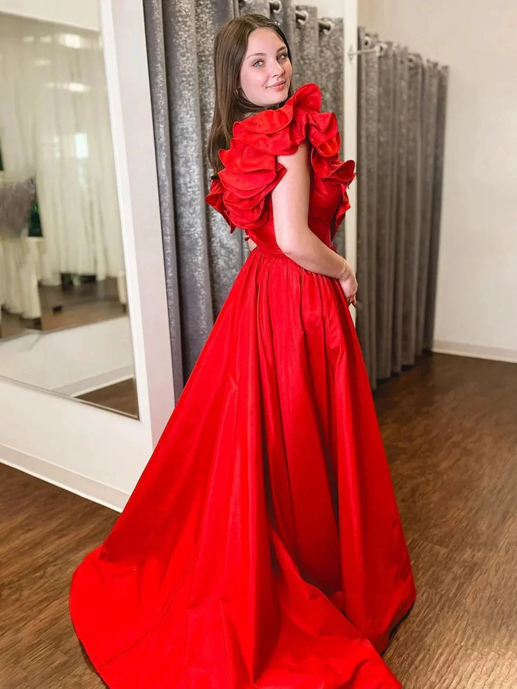 Arden | Red Ruffle V Neck Satin A-Line Long Prom Dresses by KissProm