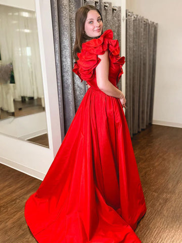 Arden | Rotes A-Linien-Ballkleid aus Satin mit Rüschen und V-Ausschnitt