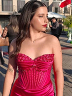 Astraea | Mermaid Strapless Blue Beaded Ruched Long Prom Dress with Slit by KissProm