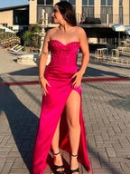 Astraea | Mermaid Strapless Blue Beaded Ruched Long Prom Dress with Slit by KissProm