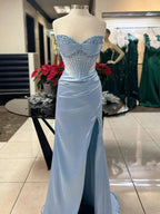 Astraea | Mermaid Strapless Blue Beaded Ruched Long Prom Dress with Slit by KissProm