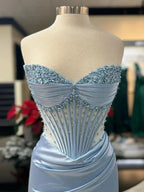 Astraea | Mermaid Strapless Blue Beaded Ruched Long Prom Dress with Slit by KissProm