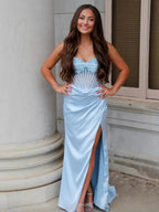 Astraea | Mermaid Strapless Blue Beaded Ruched Long Prom Dress with Slit by KissProm