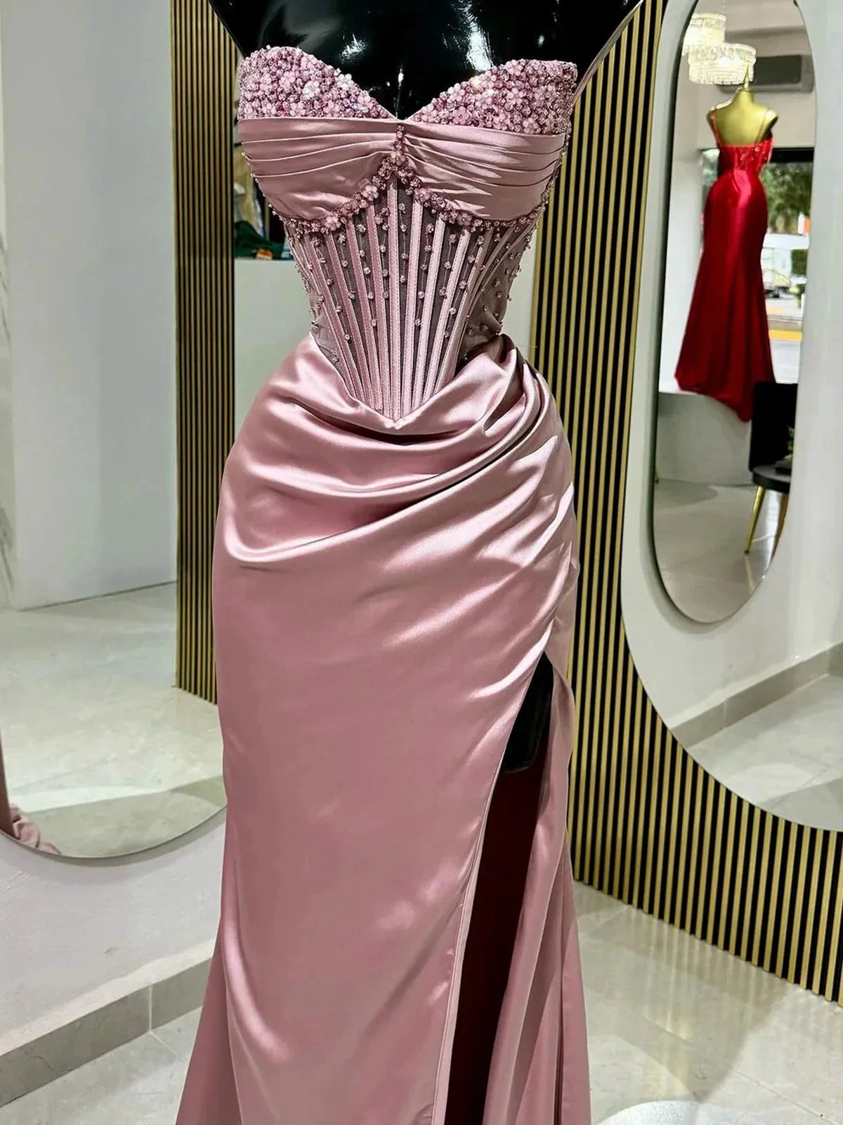 Astraea | Mermaid Strapless Blue Beaded Ruched Long Prom Dress with Slit by KissProm