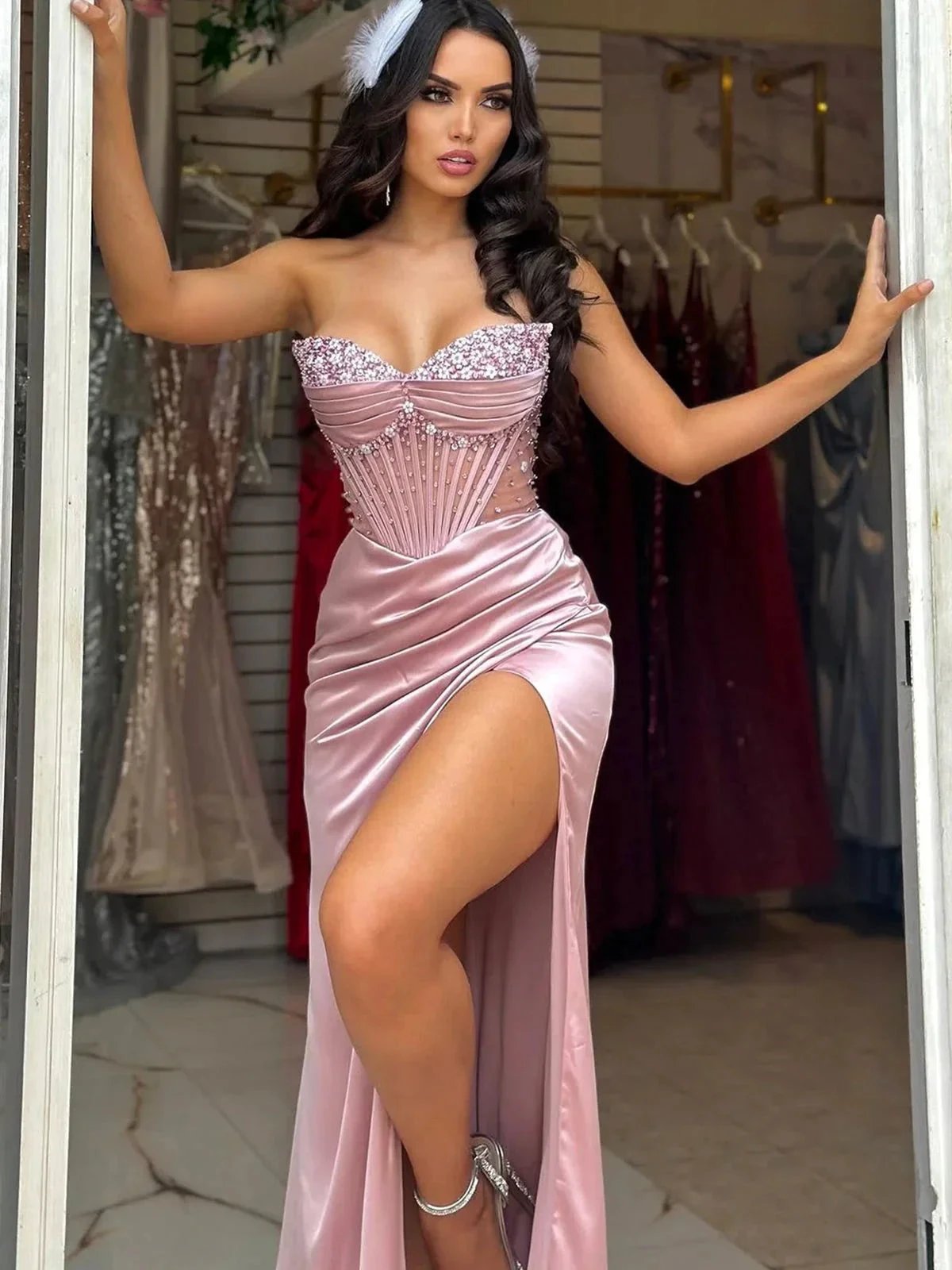 Astraea | Mermaid Strapless Blue Beaded Ruched Long Prom Dress with Slit by KissProm