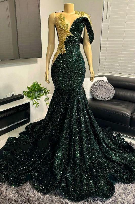 Asymmetric Dark Green Sequins Mermaid Prom Dress Gold 3D Crystals Bodycon Party Gown by misshow.com