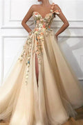 Attractive A-line One Shoulder Tulle Long Prom Dress with Slit by BIZTUNNEL