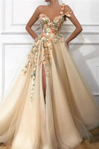 Attractive A-line One Shoulder Tulle Long Prom Dress with Slit by BIZTUNNEL