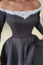 Attractive Long Black Off-the-shoulder A-line Satin Split Front Long Sleeves Prom Dress with Pearls by misshow.com