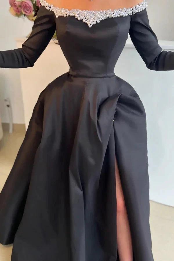 Attractive Long Black Off-the-shoulder A-line Satin Split Front Long Sleeves Prom Dress with Pearls by misshow.com