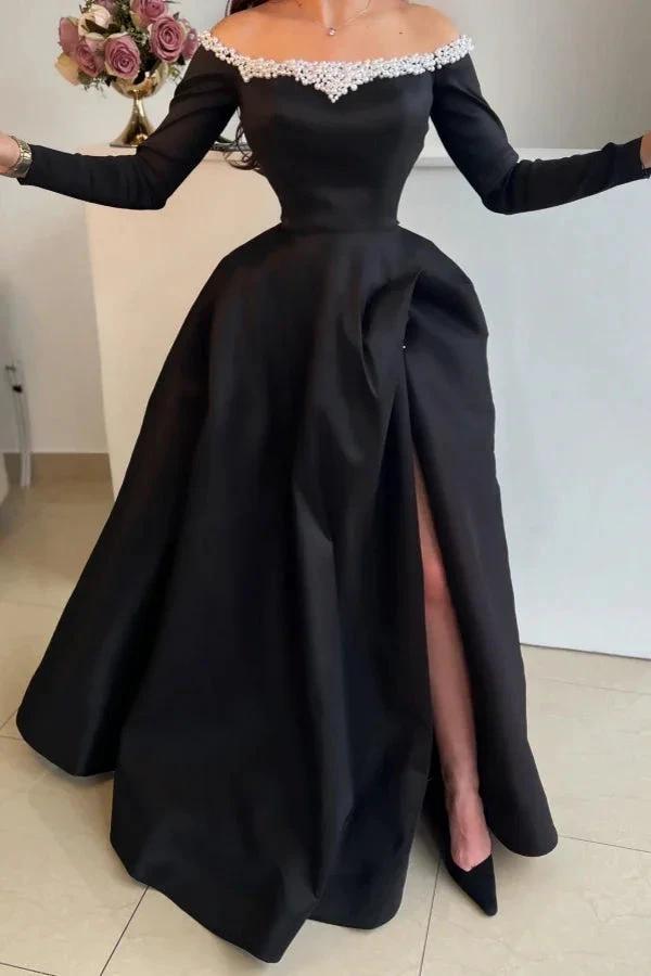 Attractive Long Black Off-the-shoulder A-line Satin Split Front Long Sleeves Prom Dress with Pearls by misshow.com