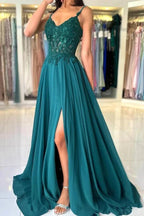 Attractive Long Green A-line Spaghetti Straps Lace Prom Dress with Slit by misshow.com