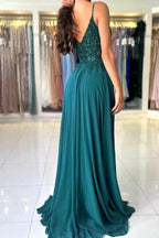 Attractive Long Green A-line Spaghetti Straps Lace Prom Dress with Slit by misshow.com