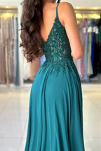 Attractive Long Green A-line Spaghetti Straps Lace Prom Dress with Slit by misshow.com
