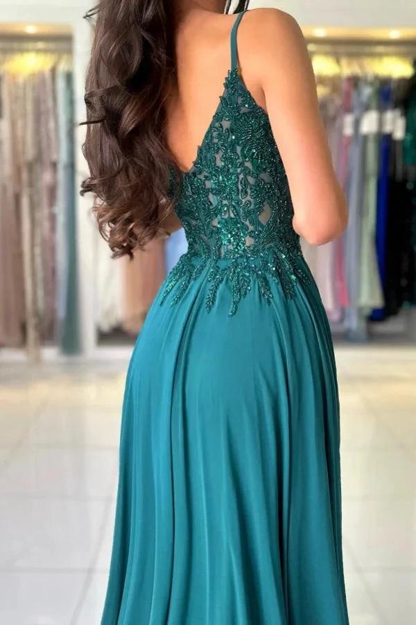 Attractive Long Green A-line Spaghetti Straps Lace Prom Dress with Slit by misshow.com