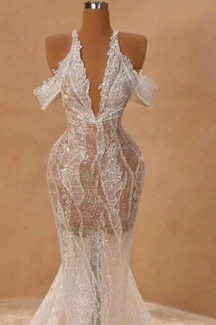 Attractive Long Ivory Halter Off-the-shoulder Mermaid Split Front Prom Dress with Lace by misshow.com