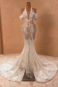 Attractive Long Ivory Halter Off-the-shoulder Mermaid Split Front Prom Dress with Lace by misshow.com