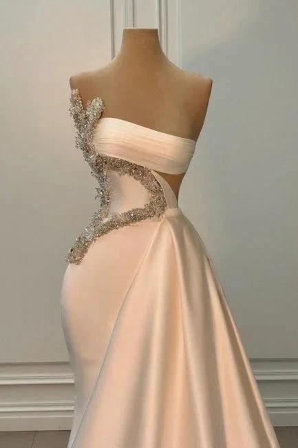Attractive Long Ivory Strapless Beading Satin Sleeveless Prom Dress by misshow.com