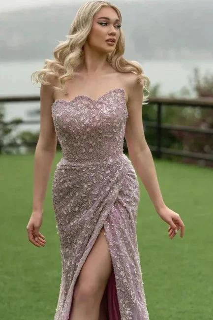 Attractive Long Mermaid Strapless Lace Glitter Sleeveless Prom Dress with Slit by misshow.com