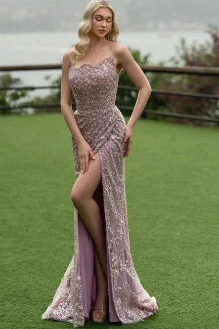 Attractive Long Mermaid Strapless Lace Glitter Sleeveless Prom Dress with Slit by misshow.com
