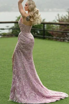 Attractive Long Mermaid Strapless Lace Glitter Sleeveless Prom Dress with Slit by misshow.com