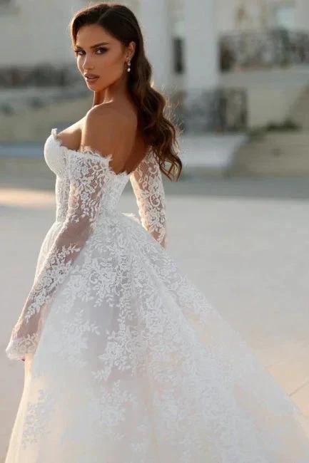 Attractive Long White A-line Off-the-shoulder Lace Wedding Dress with Long Sleeves by misshow.com