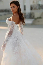 Attractive Long White A-line Off-the-shoulder Lace Wedding Dress with Long Sleeves by misshow.com