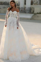 Attractive Long White A-line Off-the-shoulder Lace Wedding Dress with Long Sleeves by misshow.com