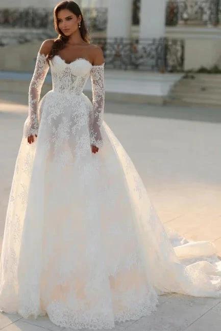 Attractive Long White A-line Off-the-shoulder Lace Wedding Dress with Long Sleeves by misshow.com