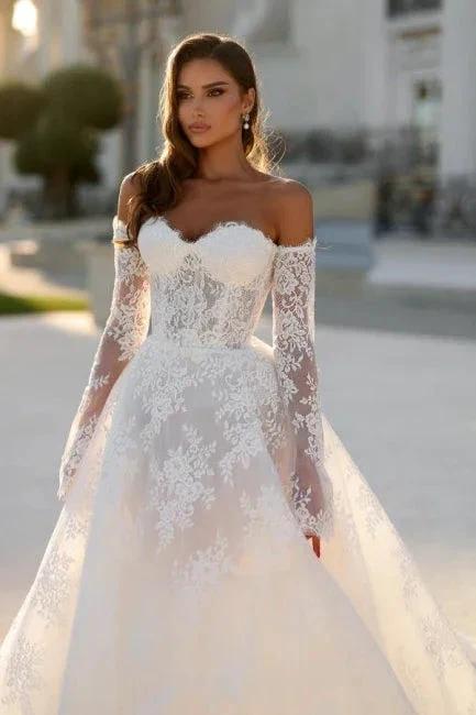 Attractive Long White A-line Off-the-shoulder Lace Wedding Dress with Long Sleeves by misshow.com