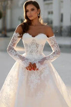 Attractive Long White A-line Off-the-shoulder Lace Wedding Dress with Long Sleeves by misshow.com